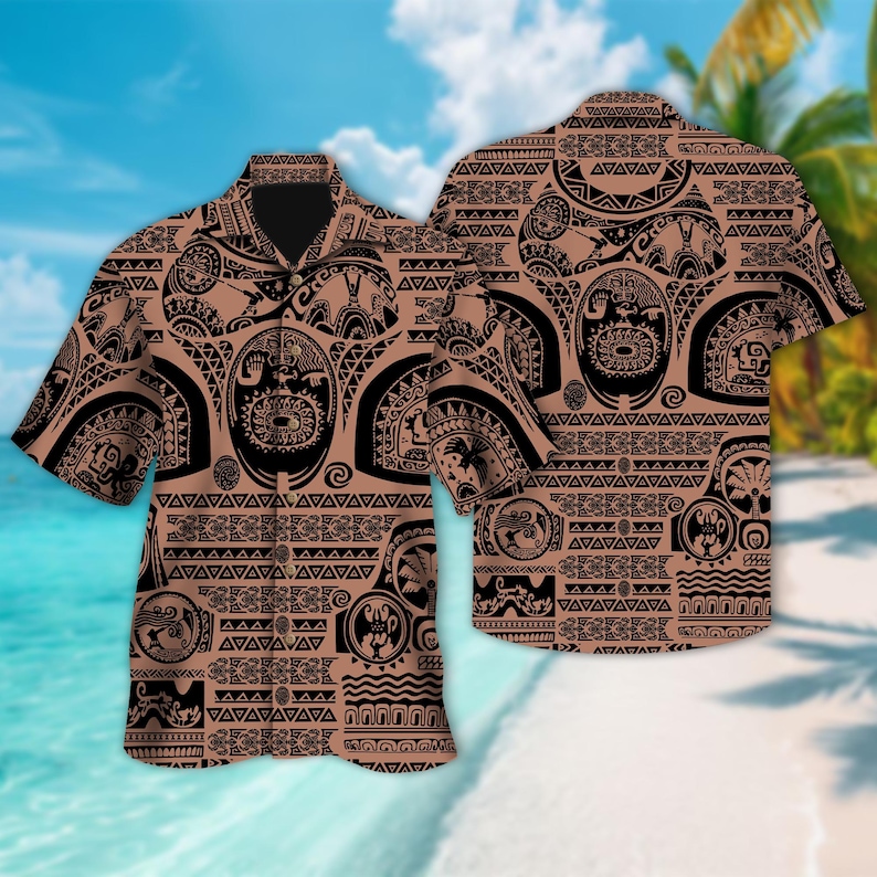 May include: Two brown short-sleeved shirts with a black and white Polynesian tribal pattern. The pattern includes geometric shapes, waves, and a stylized human face.