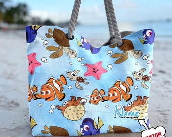 Personalized Finding Nemo Character Beach Bag, Cute Marlin Nemo Dory Tote Bag, Cartoon Movie Bag, Summer Vacation Gift For Mom And Daughter
