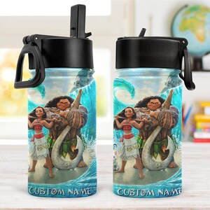 May include: Two stainless steel water bottles with black lids and handles. The bottles feature a colorful design with characters from a popular animated movie, including a woman, a large man, and a fish hook. The text "CUSTOM NAME" is printed on the bottom.
