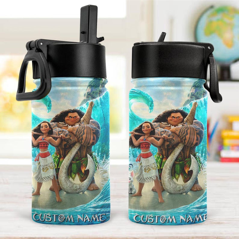 May include: Two stainless steel water bottles with black lids and handles. The bottles feature a colorful design with characters from a popular animated movie, including a woman, a large man, and a fish hook. The text "CUSTOM NAME" is printed on the bottom.