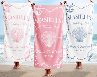 Personalized Seashells And Wedding Bells Bachelorette Beach Towel, Custom Name Party Beach Towel, Seashell Bridesmaid Towel