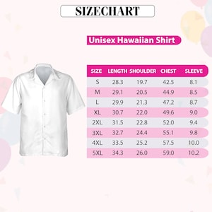 May include: A white, short-sleeved Hawaiian shirt with a button-down front is displayed next to a size chart. The chart lists measurements for sizes S through 5XL, including length, shoulder, chest, and sleeve dimensions in inches.
