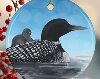 Loon and Chick Ceramic Ornament, 2-Side Print