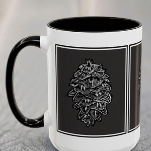 Pine Cone Linoldruck Tasse, PNW Geschenk, Winter Botanische Kunst, Minimalistisches Design