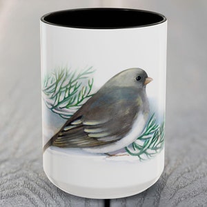 Songbird Mug, Dark Eyed Junco Coffee Cup, Backyard Bird Gift, Stocking Stuffer, Snowy Bird Scene