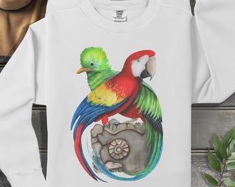Resplendent Quetzal and Scarlet Macaw on Comfort Colors Sweatshirt