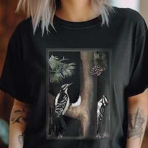 Hairy Woodpeckers Tee, Nature Lover Gift, Wildlife Shirt, Birdwatcher Apparel, Bird Art Watercolor Unisex Garment-Dyed T-shirt