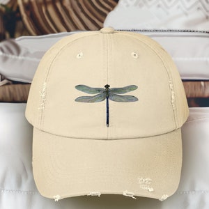 Distressed Cap with Green Darner Dragonfly Watercolor Illustration, Vintage Hat for Nature Lovers, Baseball Cap with Insect Design