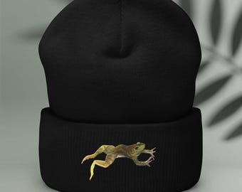 Bullfrog Beanie, Embroidered Knit Hat, Cottagecore