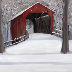 Sandy Creek Covered Bridge Framed Print, Jefferson county, Missouri, Midwestern Covered Bridge in the Snow, Vintage Wall Art, Rustic Scene