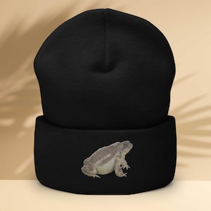 Berretto a forma di rospo, berretto lavorato a maglia ricamato, rospo americano, estetica cottagecore, regalo per gli amanti delle rane, berretto invernale con risvolto, goblincore, berretto anfibio