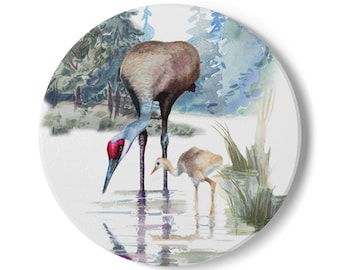 Sandhill Crane and Chick Watercolor Ceramic Coaster, Cork Back