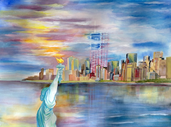 絵画 9.11？ World Trade Center Watercolor Painting 9-11 Memorial: Framed Print