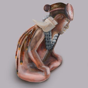 Mississippian Big Boy effigy pipe interpreted in color with long-nose god mask earring, American Archaeology, Cahokia, Spiro, Red Horn