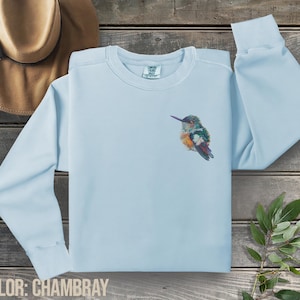Puede incluir: Una sudadera de color azul claro con una ilustración colorida de colibrí en la parte delantera. La sudadera tiene cuello redondo y mangas largas. El color de la sudadera es Chambray.
