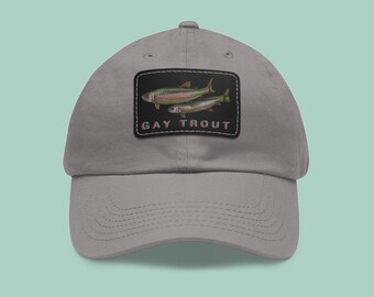 Berretto con toppa in pelle di trota gay, berretto da baseball da pesca, cappello dell&#39;orgoglio LGBT, regalo per pescatori queer, abbigliamento per avventure all&#39;aria aperta