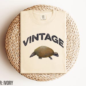 Op de afbeelding: Een ivoorwit T-shirt met een vintage ontwerp met een zwart-witte illustratie van een gordeldier en het woord "Vintage".