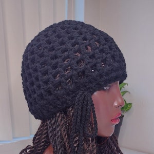 Schwarze Netz Beanie Mütze Rasta Tams häkeln / Netz Tam braun / braun