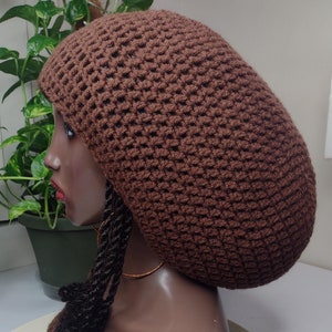 Caramel Brown Dome Rasta Tam Fits medium to extra large, men&#39;s women&#39;s unisex off white black gray, Crochet Slouchy Hat for Dreadlocks