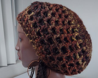 Brown Tiger Mesh crochet rasta tams / net tams / medium large tams hats for dreadlocks dreads locs braids fall hats slouchy beanie