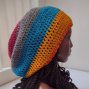 Striped Dome Rasta Tam / Rugby yellow blue gray red Large Slouchy big baggy beanie long knit hat L XL for long dreadlocks dreads locs