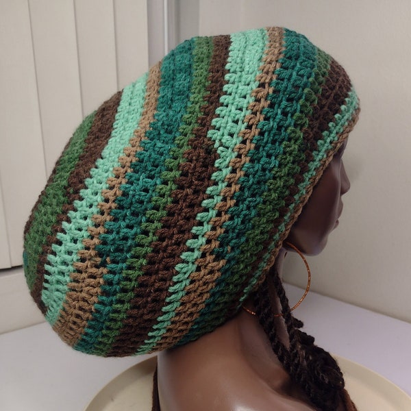 Forest green brown mix Dome rasta tams / solid or RYG / satin edges /slouchy beanies large L XL big knit african hats for dreadlocks dreads
