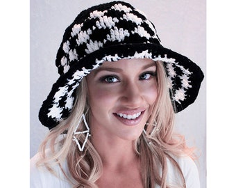 Check Deco cloche bucket hat large to extra large unisex L XL flapper hat diamonds checker black white hats for big heads locs dreads braids