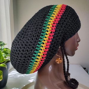 Ready to ship: 1 Black RYG 100% Cotton dome Rasta tam / L XL extra large unisex men&#39;s women&#39;s slouchy big long beanies hats for dreadlocks
