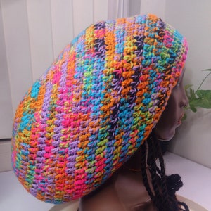 Neon Deluxe Dome Rasta tam/ unisex men&#39;s women&#39;s extra large L XL slouchy long bright colorful crochet knit big beanie for dreadlocks dreads
