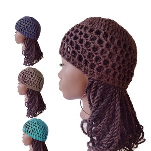 Cutie mesh hand-crochet caps / men&#39;s women&#39;s  M medium L large brown black white 70s fitted net hat for dreadlocks, dreads, braids long hair