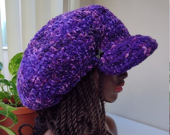 Slouchy Velvet tam with brim / purple velvet hat / tams for dreads / large tam / Purple Cap / baggy hat / Newsboy cap large beret with brim