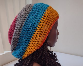 Striped Dome Rasta Tam / Rugby yellow blue gray red Large Slouchy big baggy beanie long knit hat L XL for long dreadlocks dreads locs