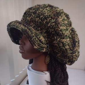 Green Camo M-Pizzazz Newsboy Dreadie Hat / Satin inside edge / large hats for dreadlocks big hats crochet long locs rasta tams dreads