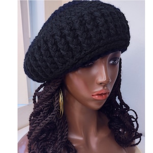 Crochet Ribbed Roll Beret / unisex men&#39;s women&#39;s / M  medium to L large adjustable / black white brown chic boho cute french tam gift hat