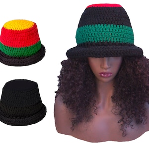 Rolled brim Rasta bucket hat / unisex/ fits M medium to L large men&#39;s women&#39;s island red yellow green black African style hat for dreadlocks