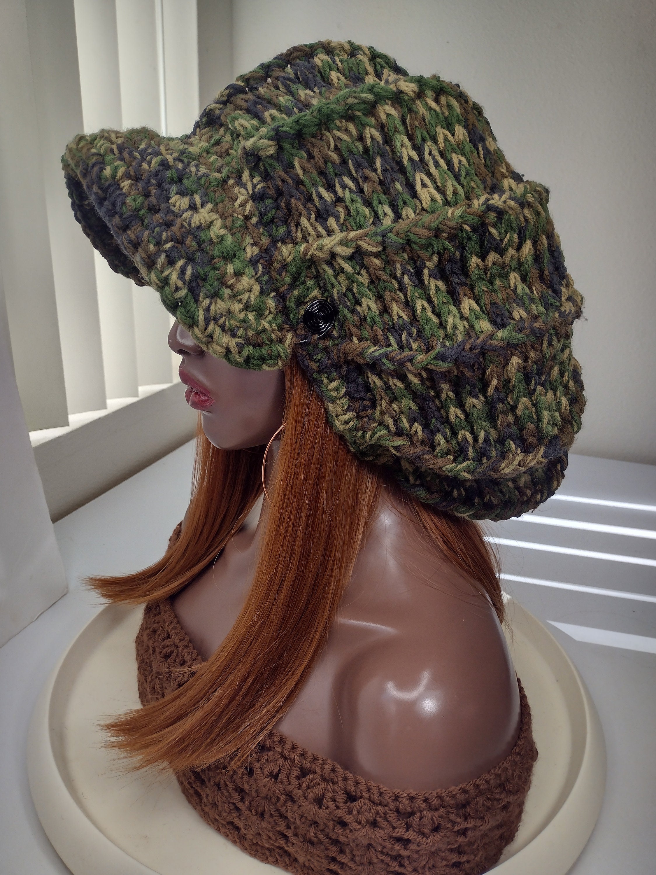 L Mushroom Hat / Brown Yellow Green Camoflauge Black Unisex L Mushroom Hat / Brown Yellow Green Camoflauge Black Unisex