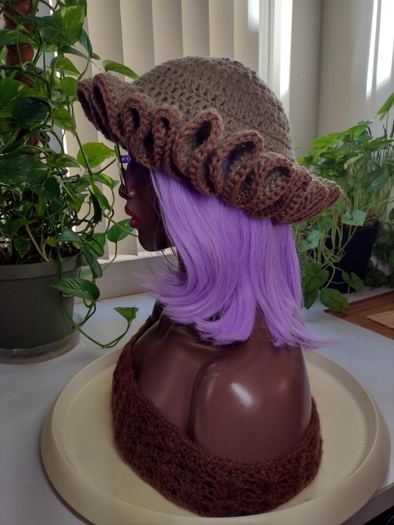 Flower Ruffle Bucket Hat: Brown Crochet Boho Style - Etsy display picture 2
