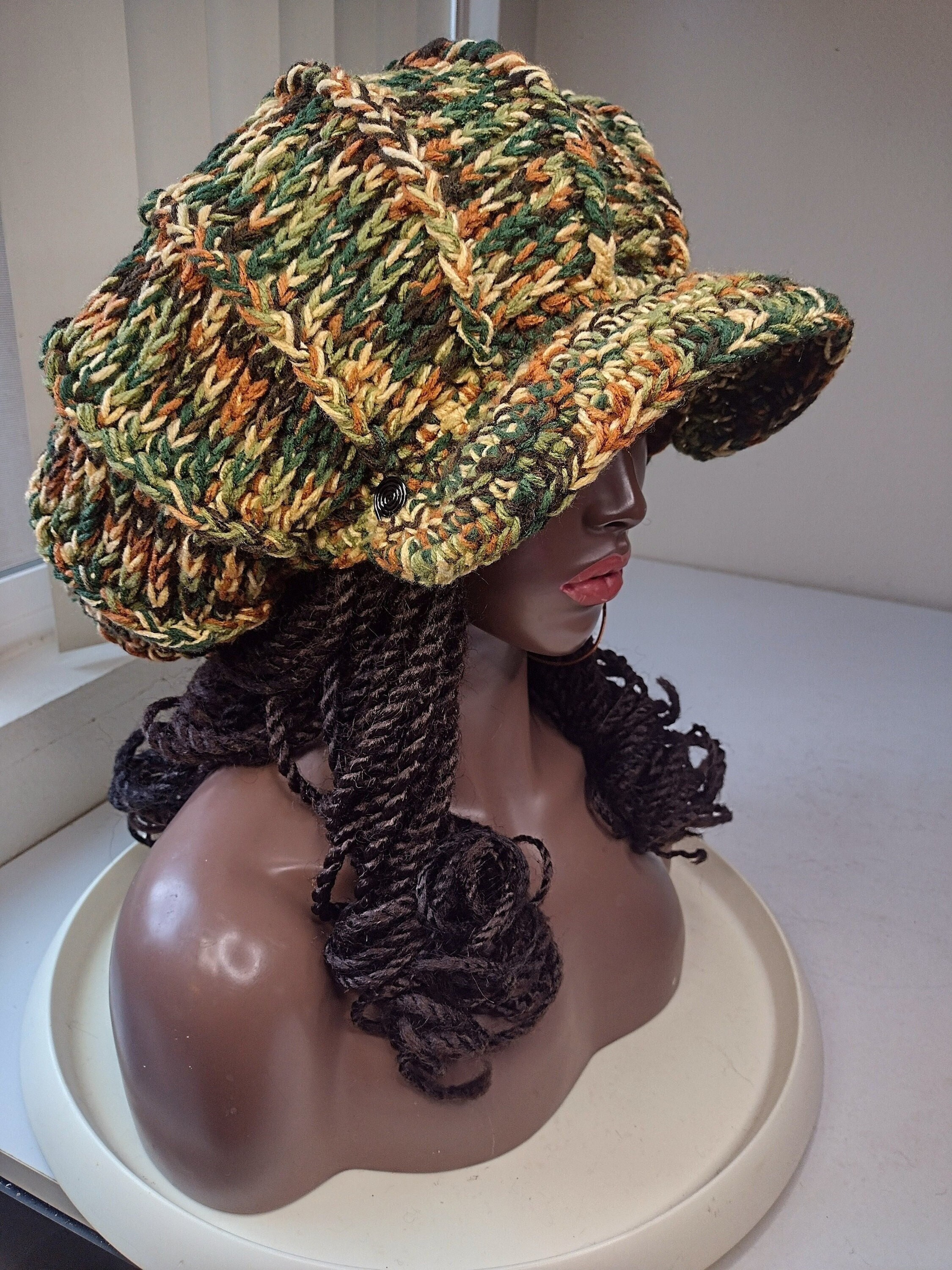 L Mushroom Hat / Brown Yellow Green Camoflauge Black Unisex L Mushroom Hat / Brown Yellow Green Camoflauge Black Unisex