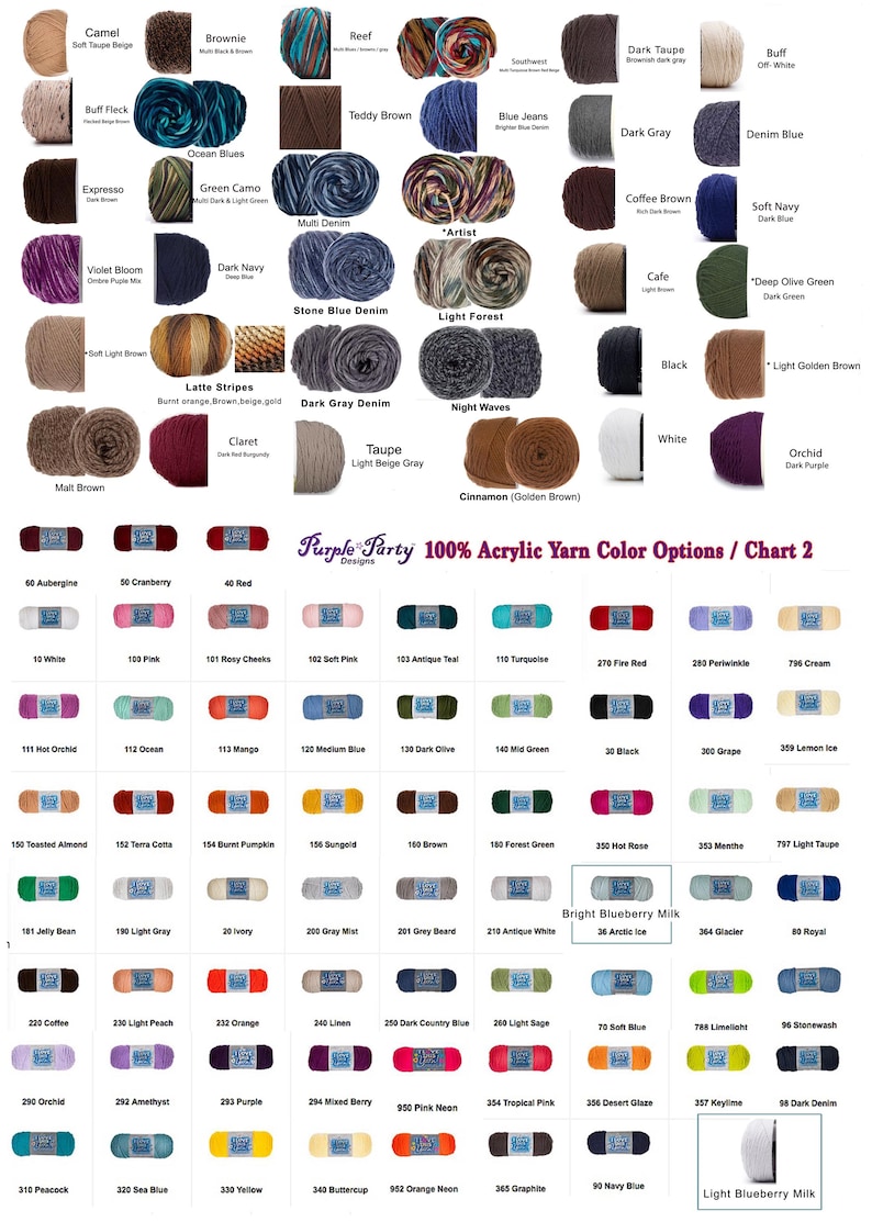K&ouml;nnte beinhalten: Eine Farbkarte f&uuml;r 100% Acrylgarn von Purple Party Designs, die zahlreiche kleine Garnkn&auml;uel in verschiedenen Unifarben und gemusterten Varianten zeigt, jeweils beschriftet mit dem Farbnamen oder einem numerischen Code.