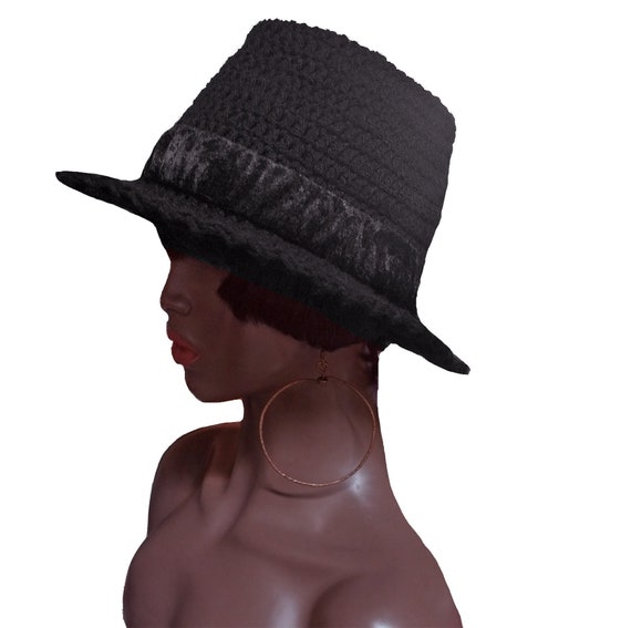 Black Velvet Fedora Crochet Hat Velvet Brim Trilby Hat Mens Hat