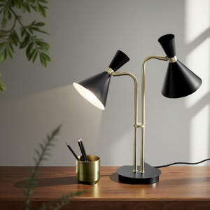 Mid-Century Modern Brass Table Lamp: Black & Gold Accent Light
