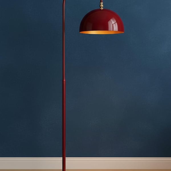Burgundy Mid-Century Modern Arched Floor Lamp: Gold Interior Dome Light