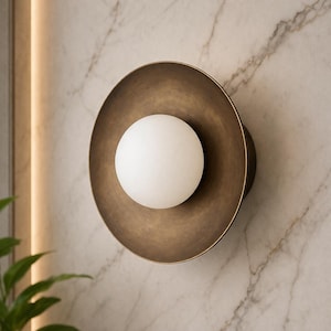Mid Century Brass Wall Sconce, Frosted Glass Globe Wall Light, Modern Minimalist Brass Wall Lamp, Luxury Bedside Wall Lighting Fixture