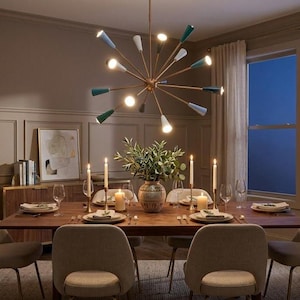 Lampadario Sputnik a 16 bracci in ottone stile Mid Century Modern, plafoniera a stella, illuminazione atomica a bracci multipli per sala da pranzo, design retrò