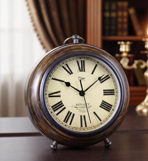 Wooden Table Clock Antique Style Art Unique Silent Analog Desk Clock Home Office Decor