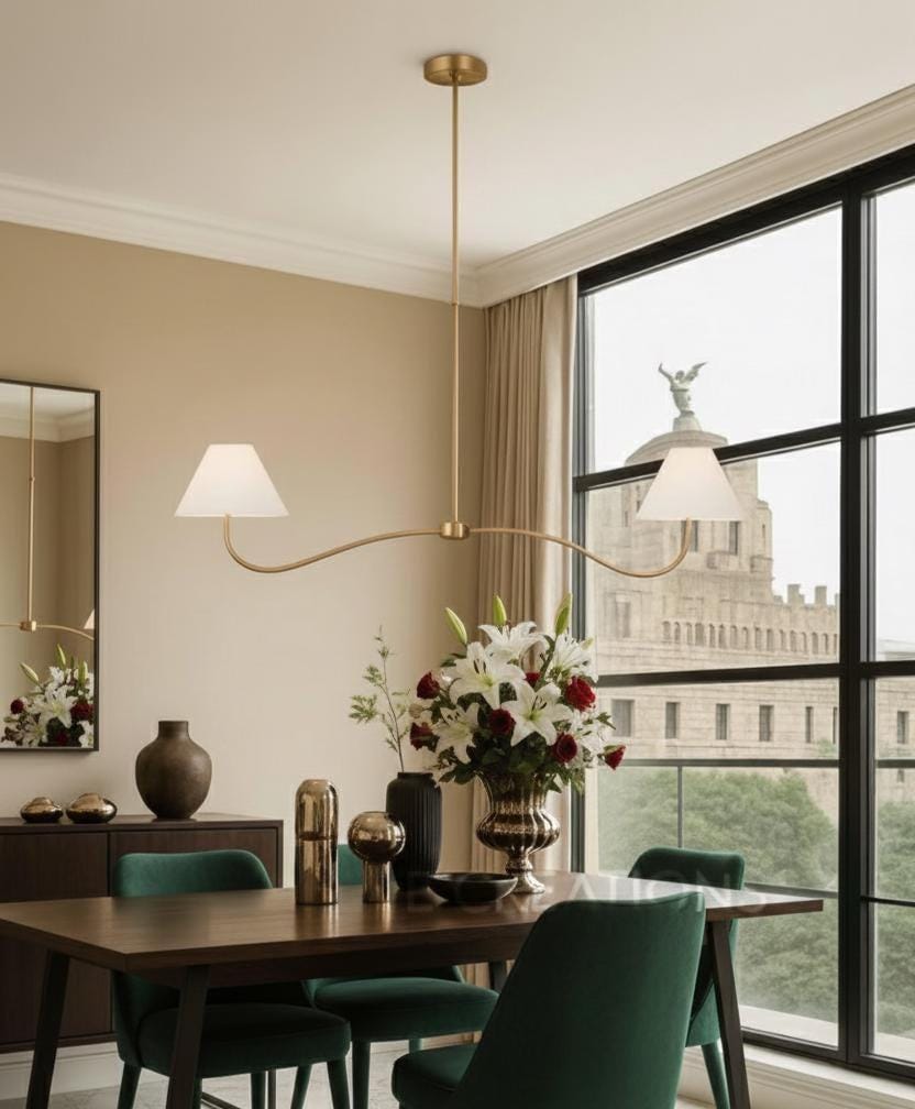 Mid Century Modern Brass Linear Chandelier With Fabric Shades – Dining ...