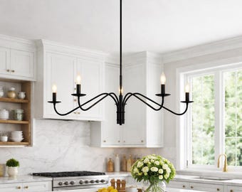 Nowoczesny czarny żyrandol liniowy, ręcznie wykonany, 6-punktowa lampa sufitowa, minimalistyczna lampa wisząca w stylu mid-century do jadalni i salonu | Oświetlenie kuchni