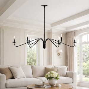 Handmade Linear 6-Light Chandelier – Modern Mid-Century Black Pendant | Black Ceiling Light Fixture Kitchen Island Light | Dining Room Lamp