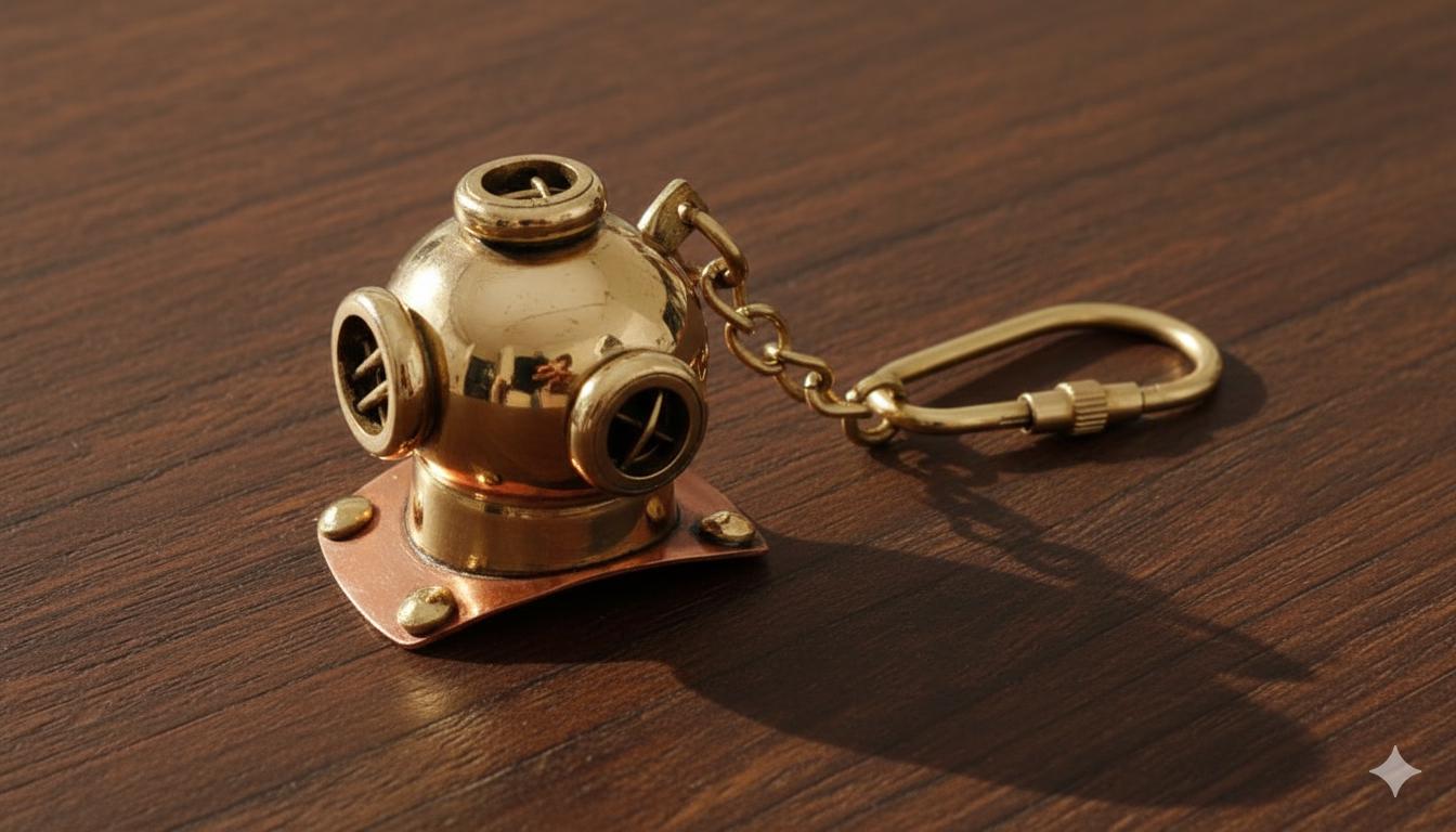 Porte-clés Vintage Casque De Plongée US Marine Mark V - Réplique En Laiton/bronze - Neuf En Boîte