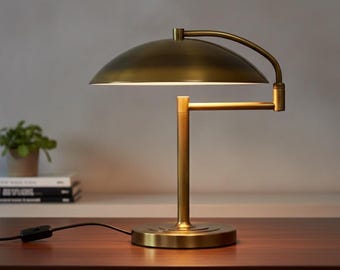Large 1950s Mid Century Modern Brass Table Lamp Heavy Vintage Desk Lamp with Dome Shade Adjustable Swivel Arm Retro Lighting Decor
